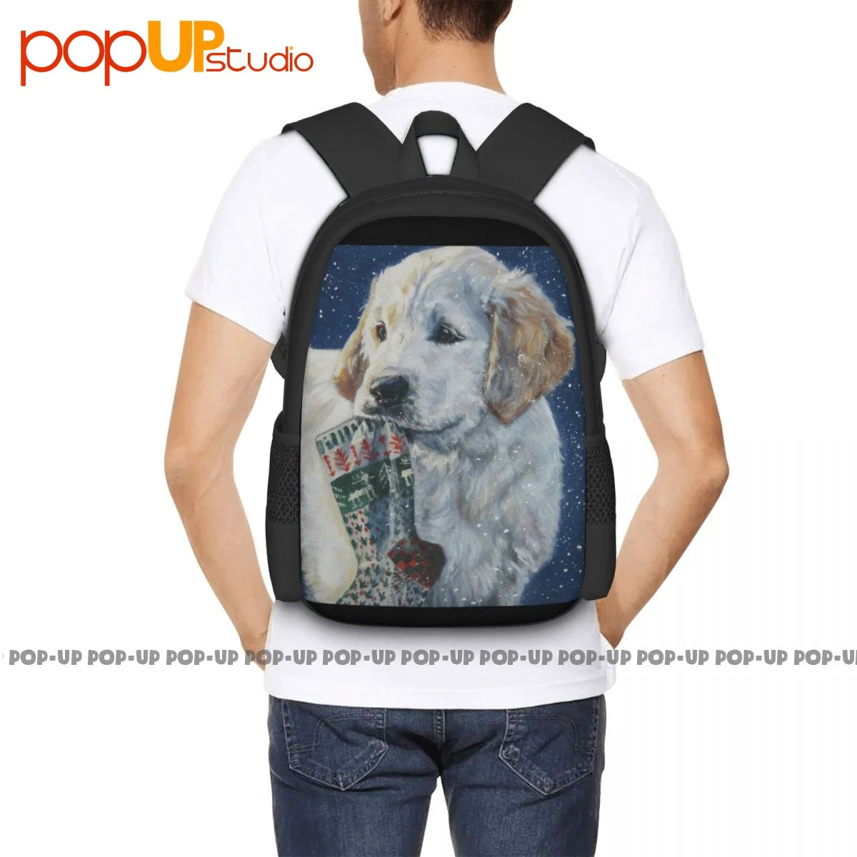 Golden Retriever Puppy Christmas Backpack Large Capacity Gym Bag