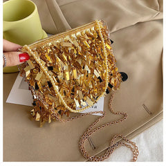 Golden Sequin Beaded Tassel Crossbody Bag Clutch Purse Handbag
