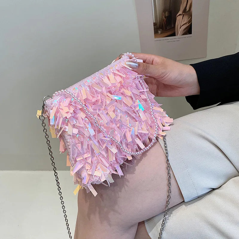Golden Sequin Beaded Tassel Crossbody Bag Clutch Purse Handbag