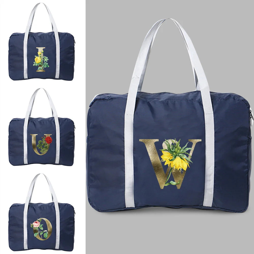 Golden Flower Letter Print Travel Bag Unisex Duffle Bag Organizers