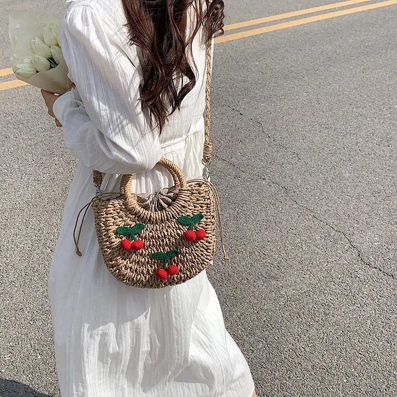 Straw Pillow Bag Women Summer Boston Handbag Ladies Cross-body Bag