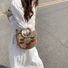 Straw Pillow Bag Women Summer Boston Handbag Ladies Cross-body Bag