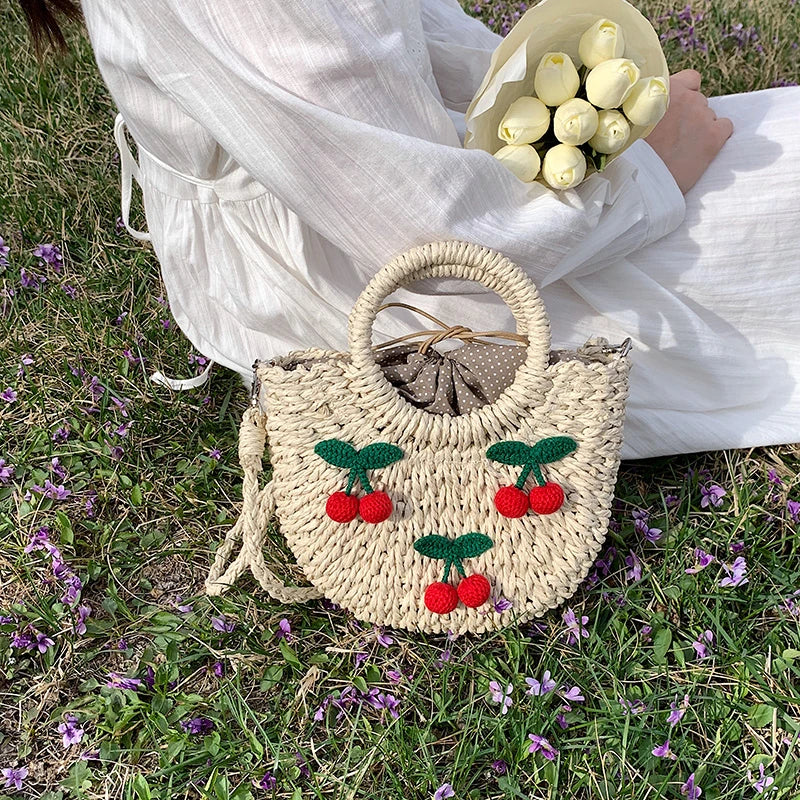 Straw Pillow Bag Women Summer Boston Handbag Ladies Cross-body Bag