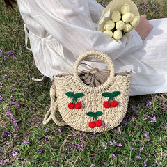 Straw Pillow Bag Women Summer Boston Handbag Ladies Cross-body Bag