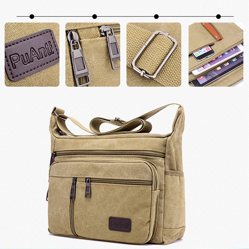 Mens Canvas Shoulder Bag Casual Outdoor Retro Zipper Travel Crossbody