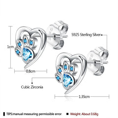 925 Silver Paw Heart Stud Earrings Zircon Ear Studs