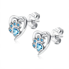 925 Silver Paw Heart Stud Earrings Zircon Ear Studs