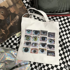 Goth Eye Print Canvas Bag Urban Y2K School Bag Big Capacity