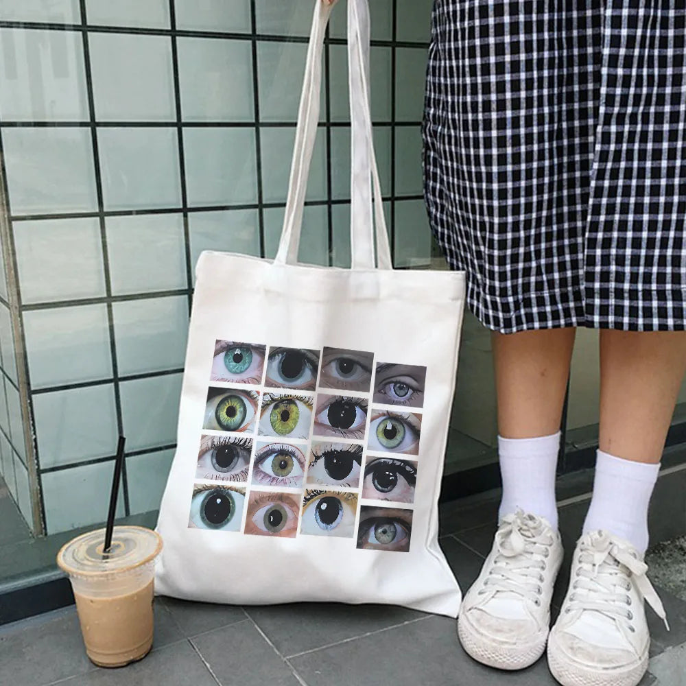 Goth Eye Print Canvas Bag Urban Y2K School Bag Big Capacity