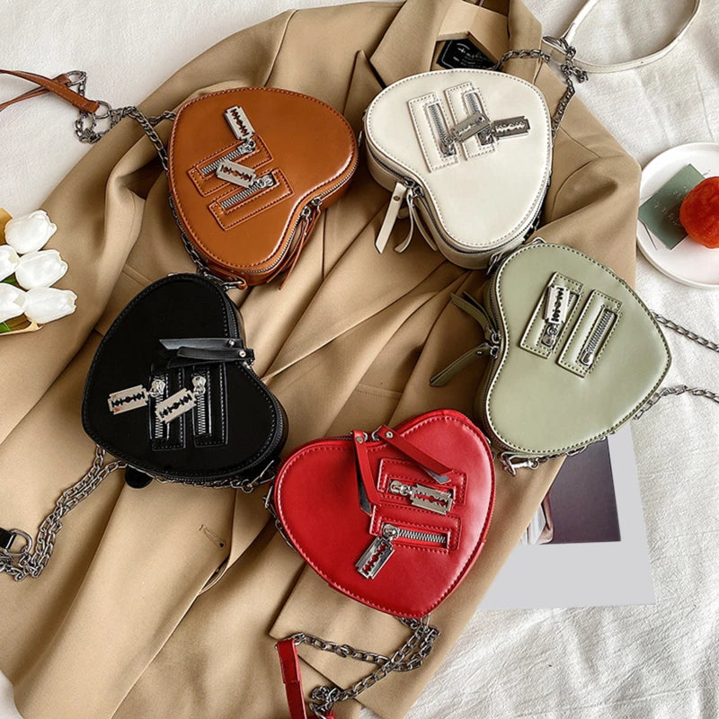 Gothic Heart Shape Blade Zipper Chain Crossbody Bags Women Girl