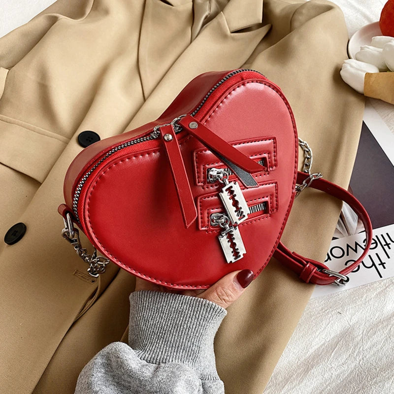 Gothic Heart Shape Blade Zipper Chain Crossbody Bags Women Girl