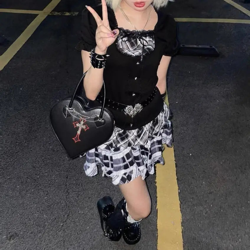 Gothic Heart Purse Handbags Y2k Girls Punk Shoulder Bag Metal Decoration