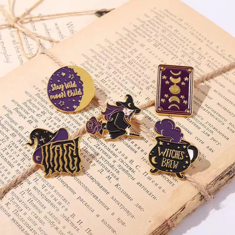 Gothic Witch Enamel Pins Witchcraft Tarot Moonlight Witch Hat Chest Pin