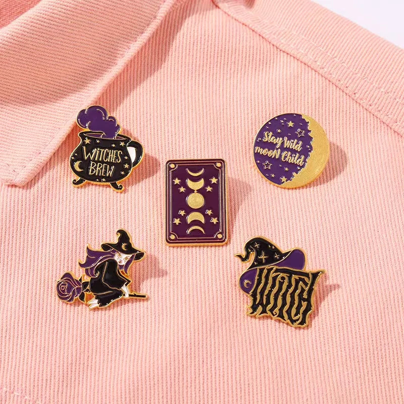 Gothic Witch Enamel Pins Witchcraft Tarot Moonlight Witch Hat Chest Pin