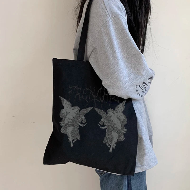 Gothic angel print canvas bag Large-capacity casual fun Harajuku shopper ba