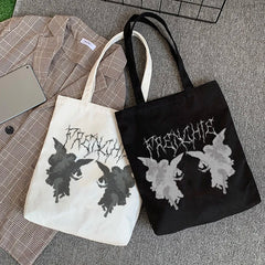 Gothic angel print canvas bag Large-capacity casual fun Harajuku shopper ba