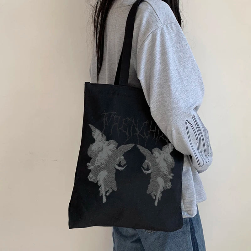 Gothic angel print canvas bag Large-capacity casual fun Harajuku shopper ba