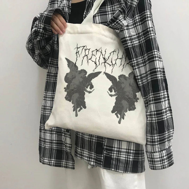Gothic angel print canvas bag Large-capacity casual fun Harajuku shopper ba