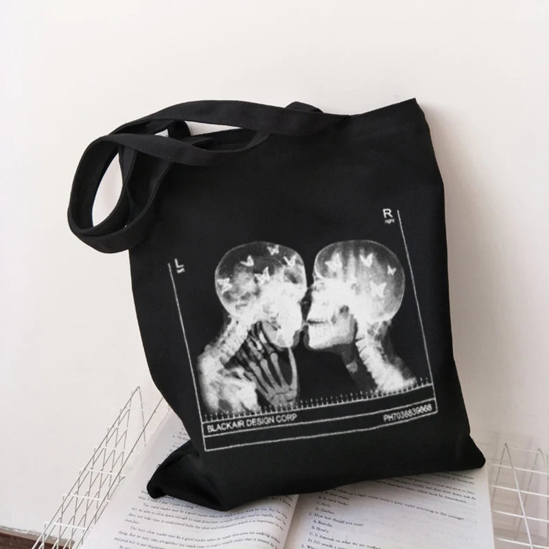 Gothic Skull Letter Print Canvas Bag Harajuku Dark Shopper Y2K Women Shoulder Ba