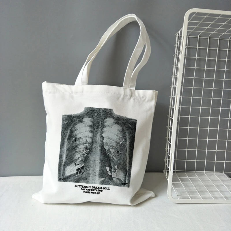 Gothic Skull Letter Print Canvas Bag Harajuku Dark Shopper Y2K Women Shoulder Ba