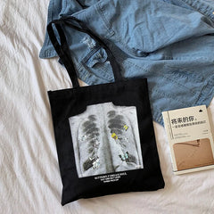 Gothic Skull Letter Print Canvas Bag Harajuku Dark Shopper Y2K Women Shoulder Ba