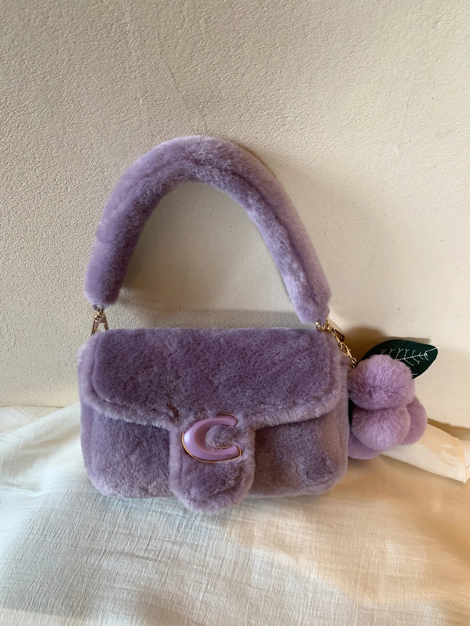 Grape Purple Wool Plush Shoulder Bag for Women