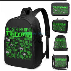 6 Stages of Debugging IT Coding USB Charge Backpack