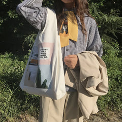 Green Plant Canvas Bag Art Large Capacity Daily Single Shoulder Tote Bag