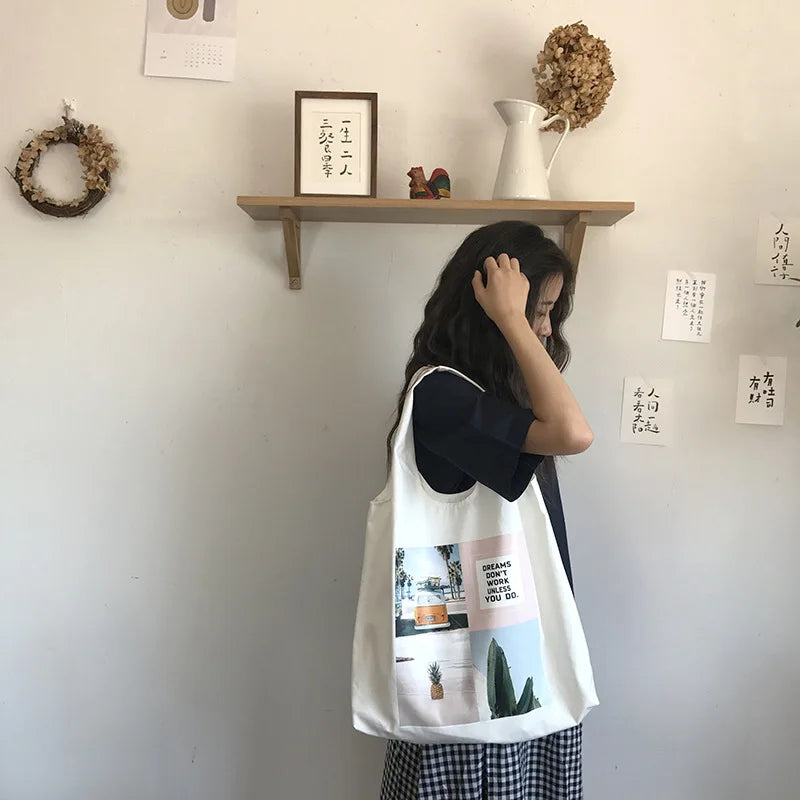 Green Plant Canvas Bag Art Large Capacity Daily Single Shoulder Tote Bag