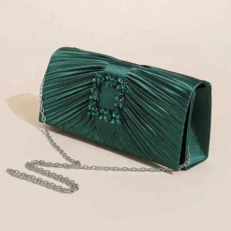 Green Pleated Clutches Bag Rhinestone Hasp Phone Purse Handbag