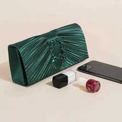 Green Pleated Clutches Bag Rhinestone Hasp Phone Purse Handbag