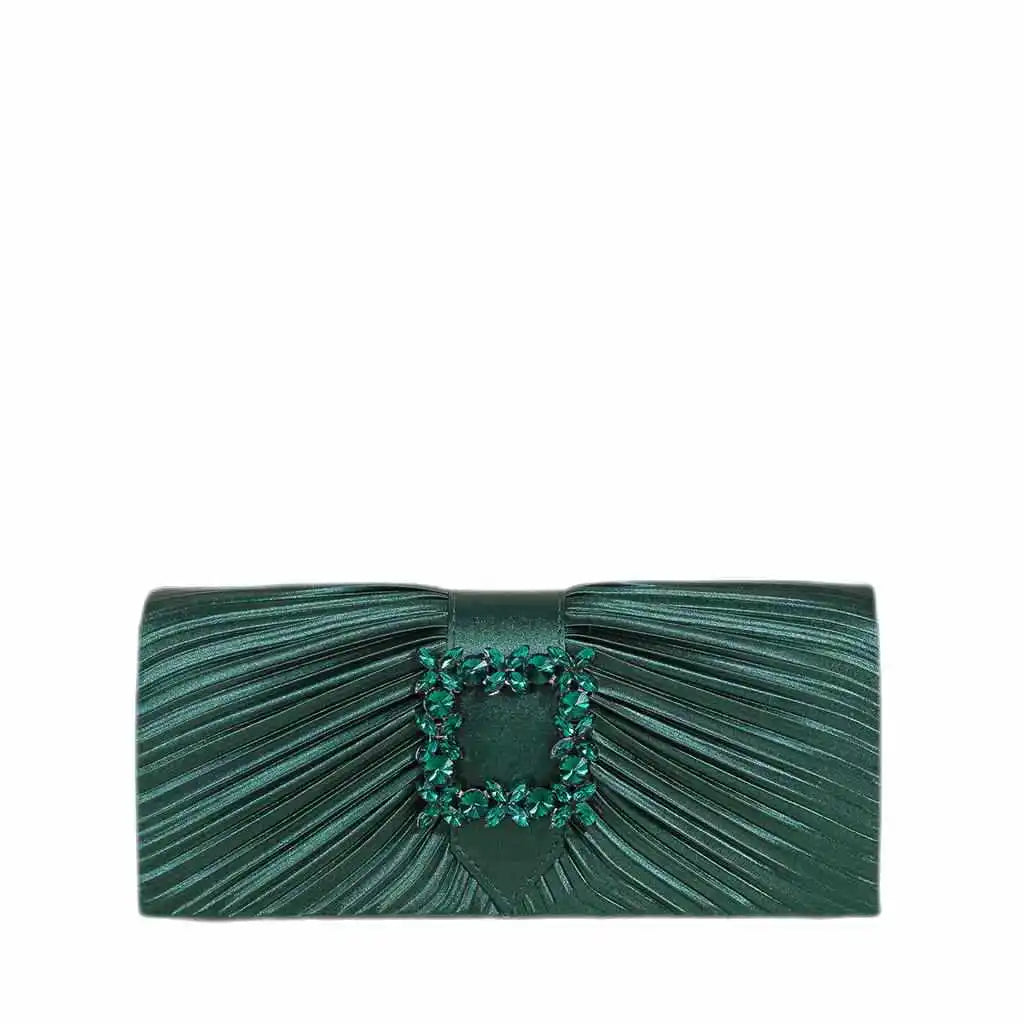 Green Pleated Clutches Bag Rhinestone Hasp Phone Purse Handbag
