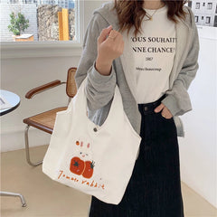 Green Shoulder Bag for Women Bunny Embroidery Canvas Tote Handbag MO507