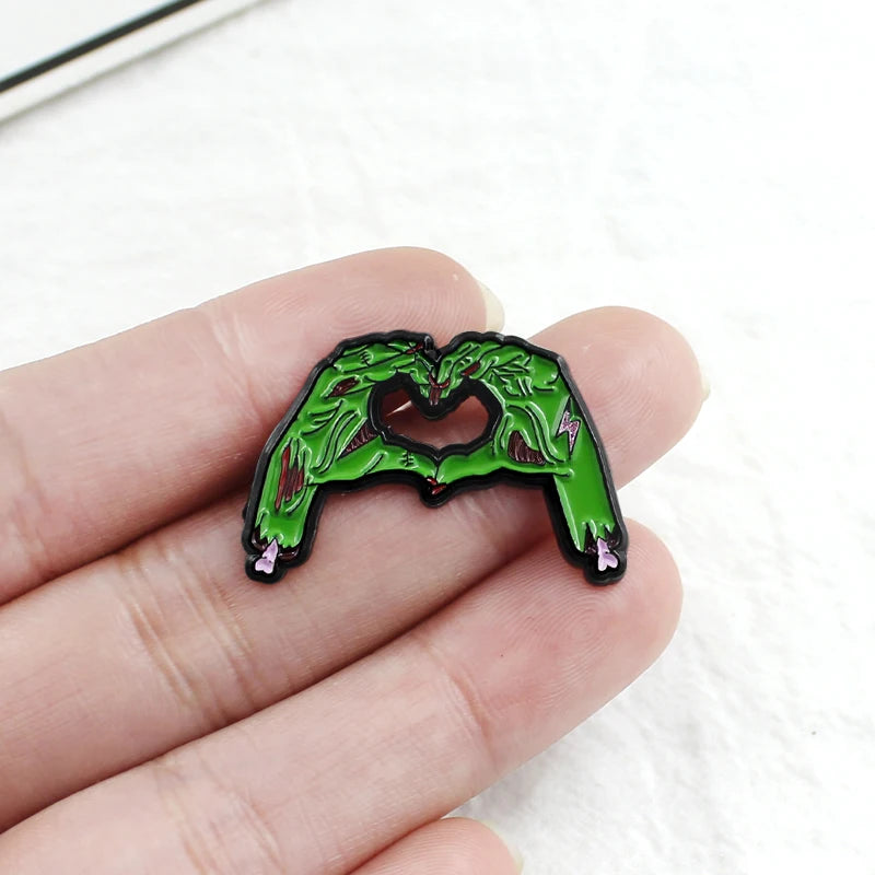 Green Skull Hands Skeleton Brooch Enamel Pin Gothic Halloween Jewelry
