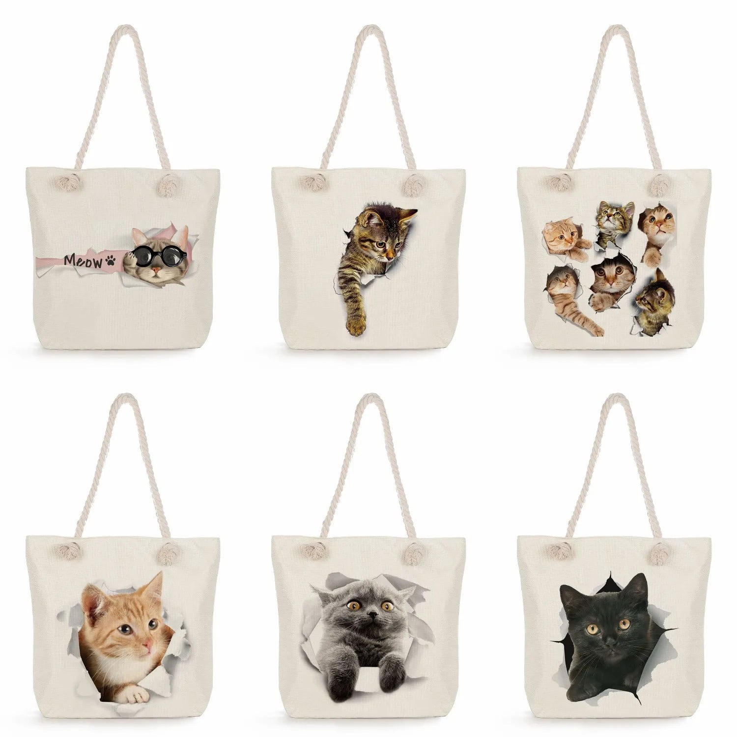 Cartoon Cat Print Tote Bag for Women