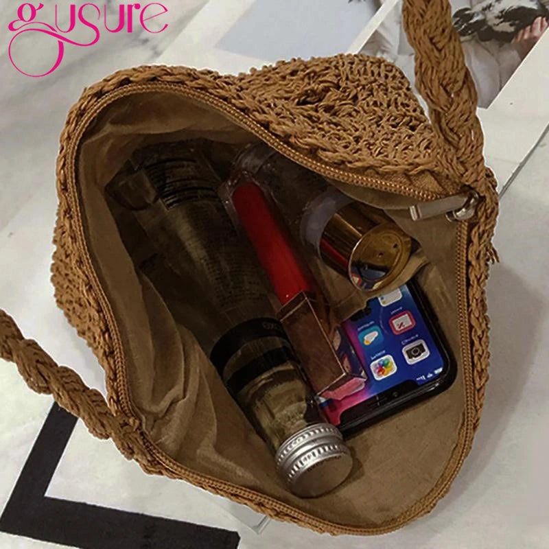 Bohemian Woven Hollow Out Beach Bag Women Crochet Fringed Straw Bags