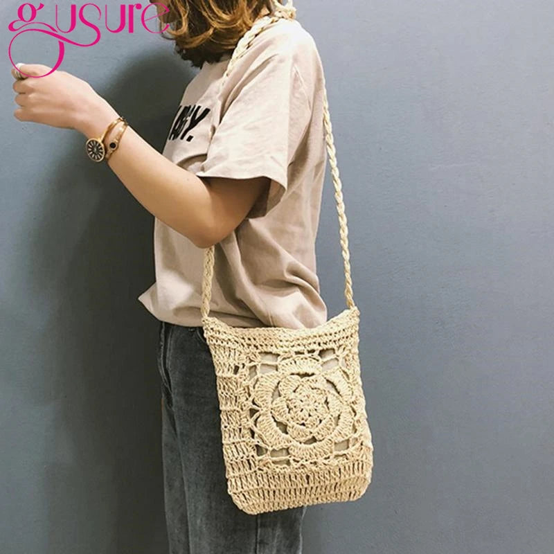 Bohemian Woven Hollow Out Beach Bag Women Crochet Fringed Straw Bags