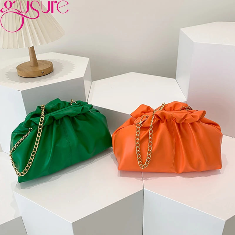 Ruched Cloud Clutch Handbag Purse Female Spring Chain Shoulder Crossbody Bag