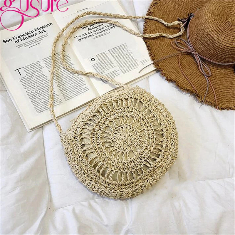 Crochet Straw Crossbody Bag Round Woven Knitted Handbag Beach Tassel Bags Girls