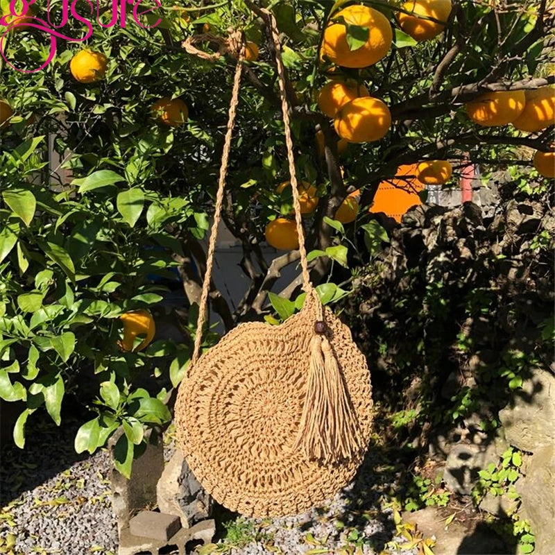 Crochet Straw Crossbody Bag Round Woven Knitted Handbag Beach Tassel Bags Girls