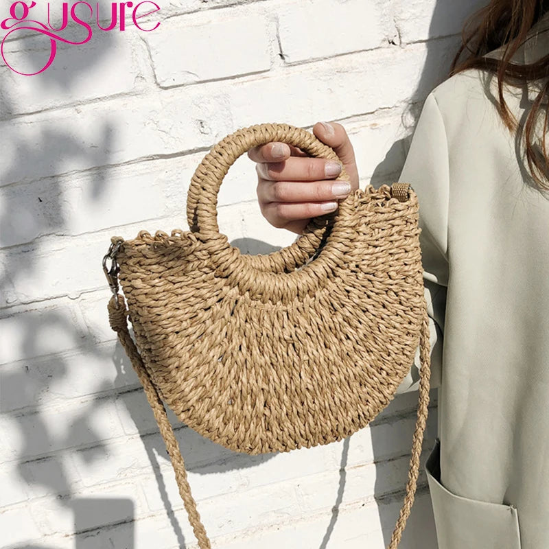 Round Rattan Crossbody Bag Summer Beach Women Messenger Shoulder