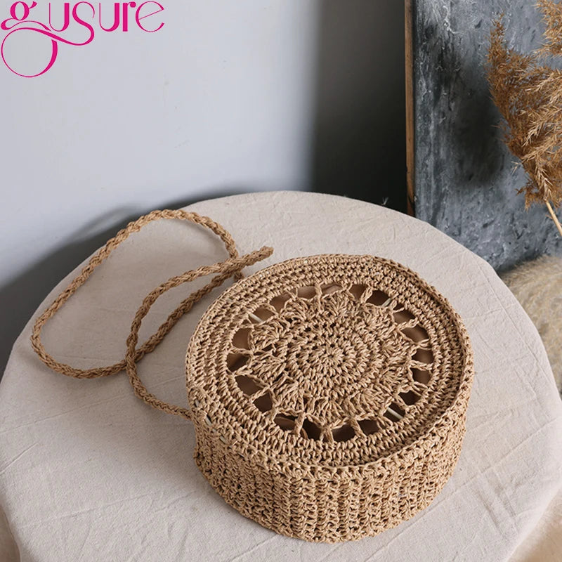 Round Rattan Woven Straw Crossbody Bag Hollow Shoulder Bags