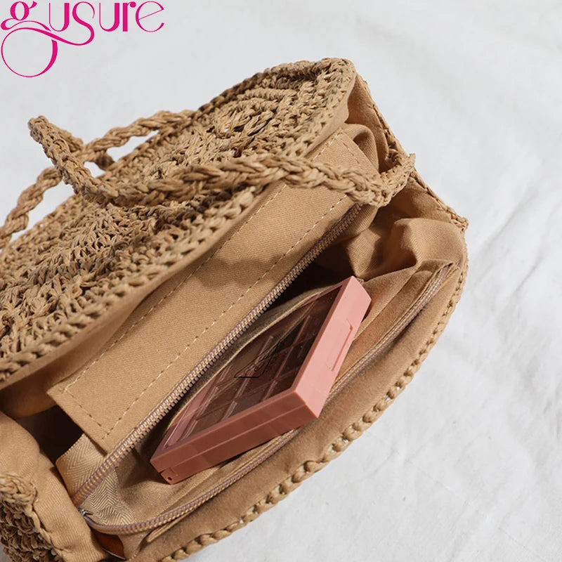 Round Rattan Woven Straw Crossbody Bag Hollow Shoulder Bags