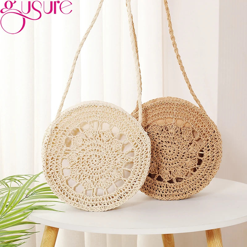 Round Rattan Woven Straw Crossbody Bag Hollow Shoulder Bags