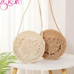 Round Rattan Woven Straw Crossbody Bag Hollow Shoulder Bags