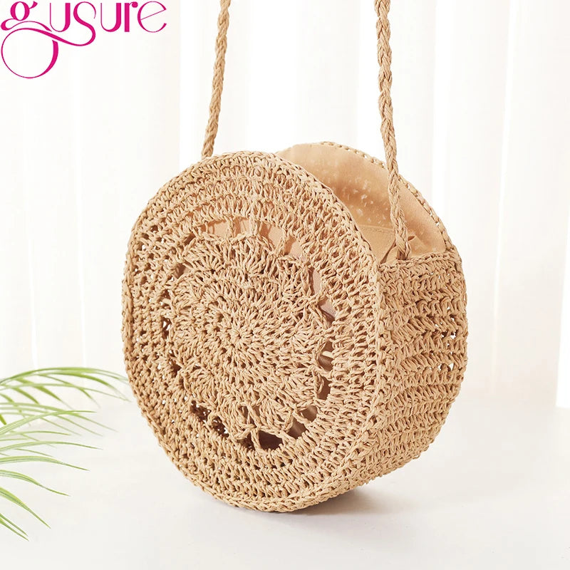 Round Rattan Woven Straw Crossbody Bag Hollow Shoulder Bags