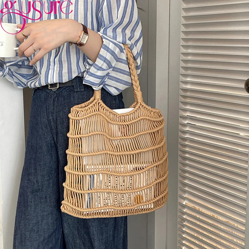 Hollow Straw Net Beach Bag Women Tote High Capacity Handbag Summer Shoulder Bags