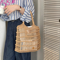 Hollow Straw Net Beach Bag Women Tote High Capacity Handbag Summer Shoulder Bags