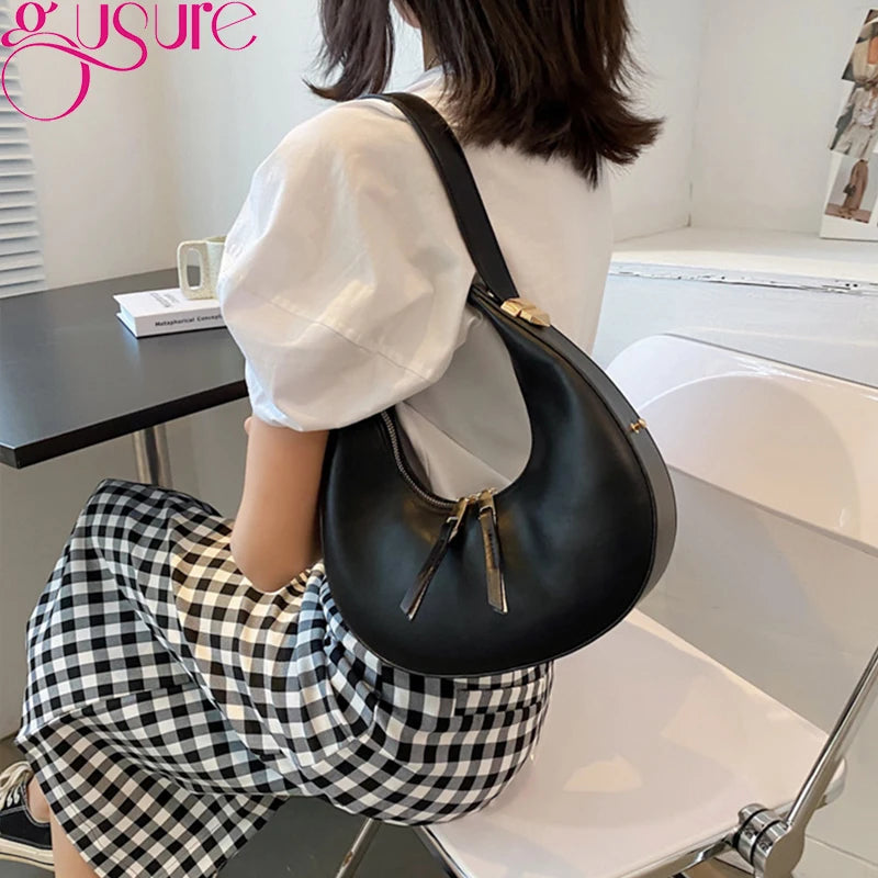 Half Moon Underarm Shoulder Bag Women PU Leather Solid