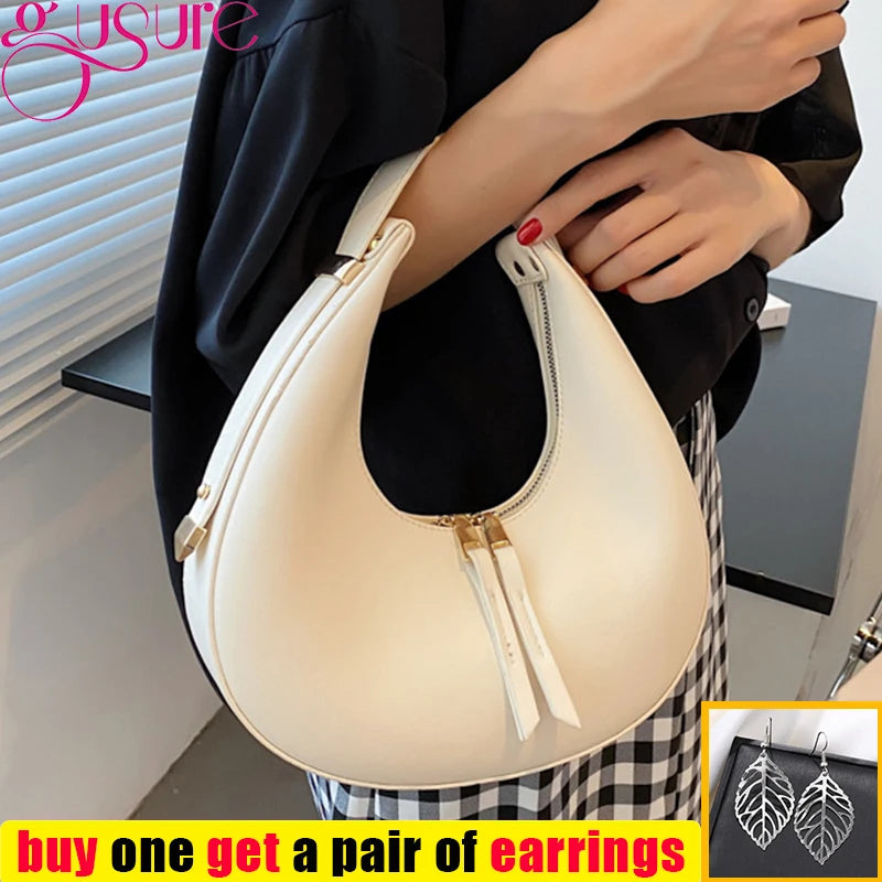 Half Moon Underarm Shoulder Bag Women PU Leather Solid